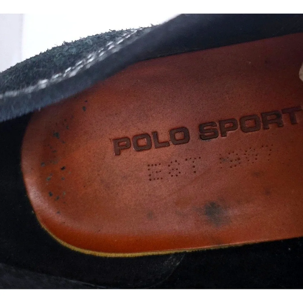 Polo‎ Sport Ralph Lauren Black Suede Low Top Sneakers White Stripe 8B Retro 90s